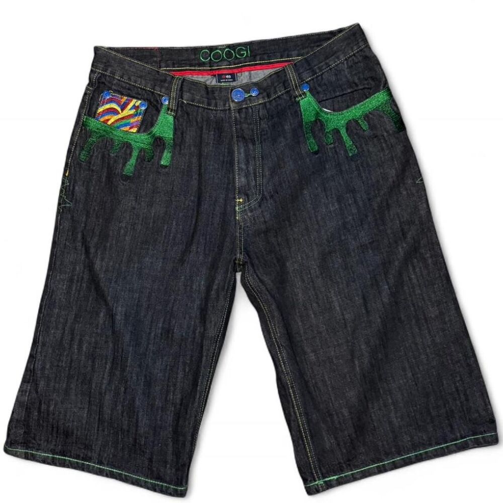 Vintage COOGI Denim Shorts Mens 40 Colorful Embroidered Y2K Baggy Streetwear
